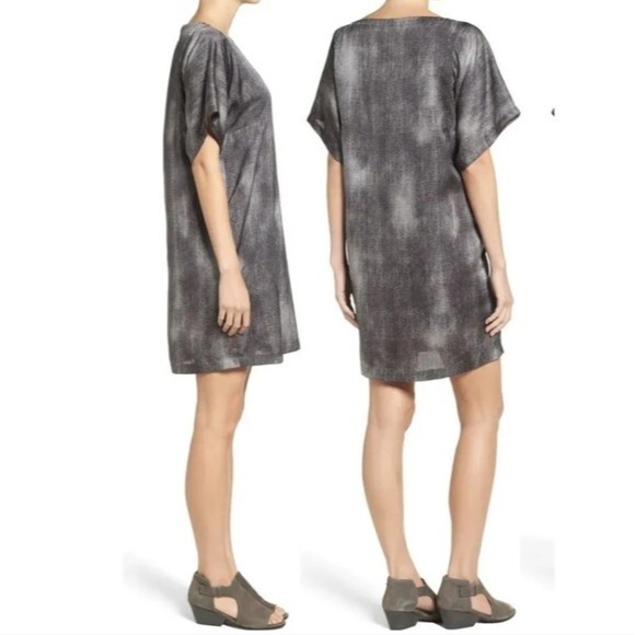 Eileen Fisher Hazy Print Silk Shift Dress Kimono Sleeves Size XS Bateau Neck - Picture 2 of 10